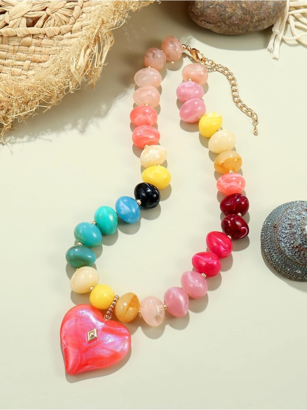 Multicolor Dopamine Beaded Marbled Necklace with Pink Heart Pendant NEW - Picture 4 of 5